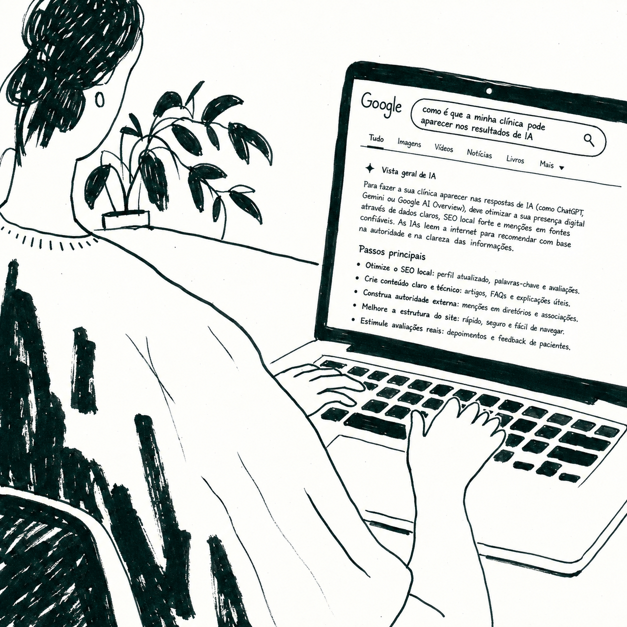 Profissional de saúde observa num computador como motores de pesquisa e sistemas de IA interpretam a sua presença digital.